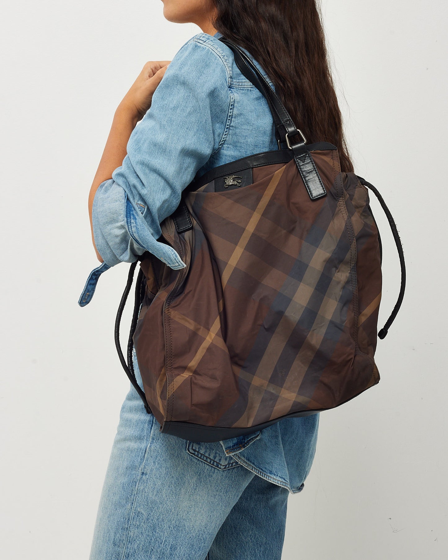 Burberry Brown Check Nylon Medium Buckleigh Packable Tote Bag