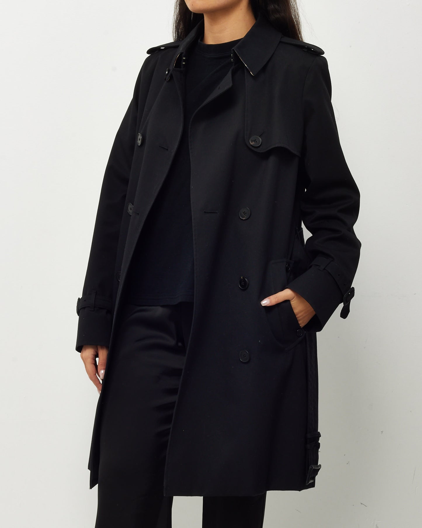 Aquascutum Black Canvas with Plaid Insert Mid-Length Belted Trench Coat - US 12