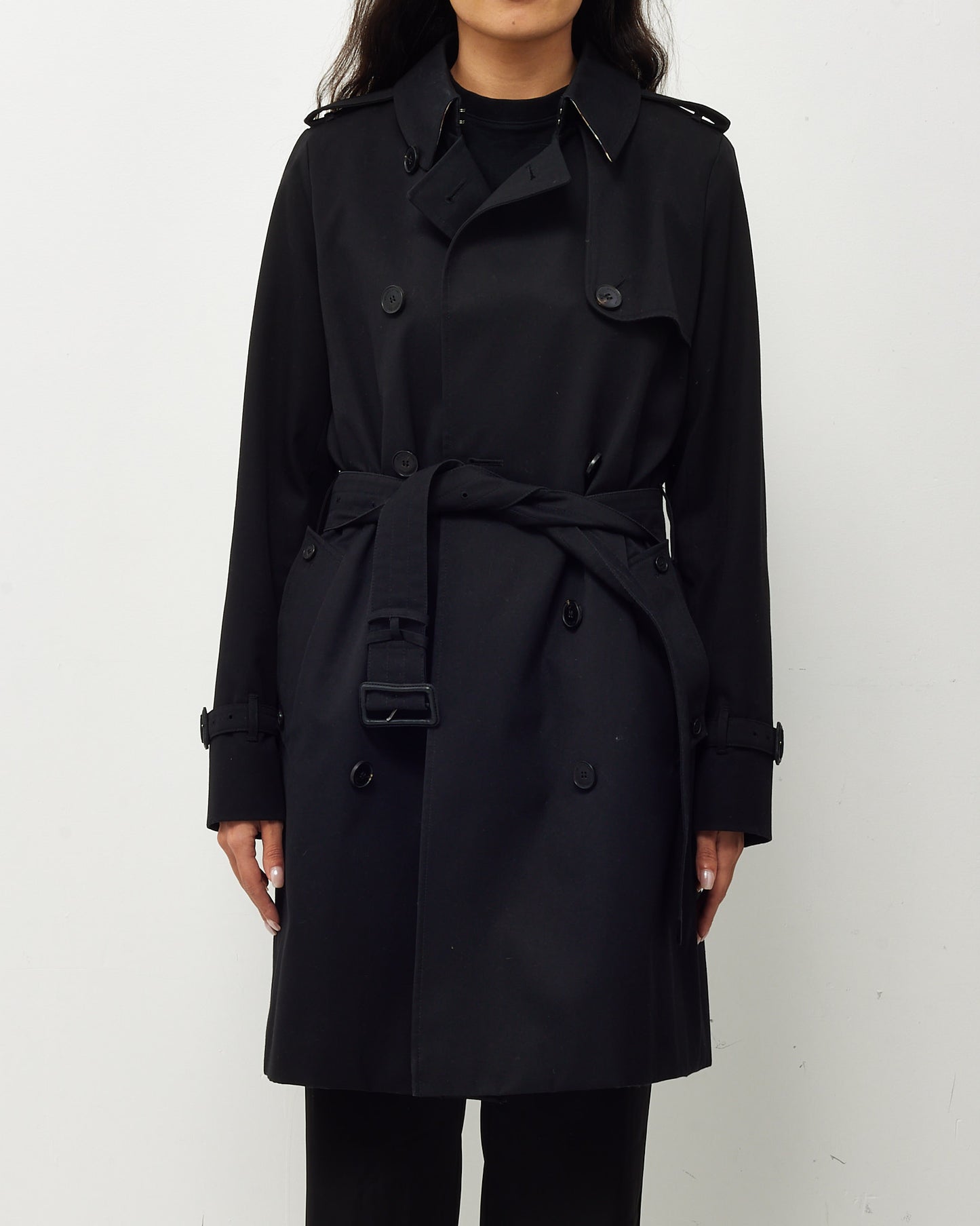 Aquascutum Black Canvas with Plaid Insert Mid-Length Belted Trench Coat - US 12