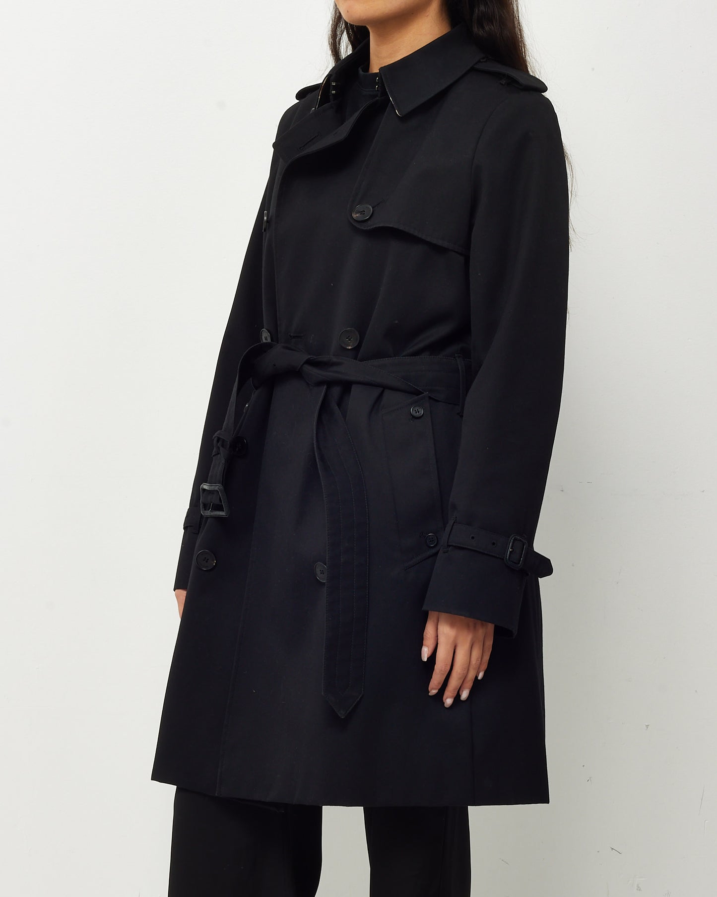 Aquascutum Black Canvas with Plaid Insert Mid-Length Belted Trench Coat - US 12