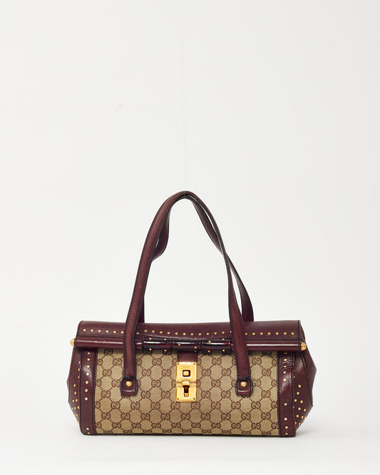 Gucci Dark Burgundy Leather Trim and Beige and Brown GG Monogram Canvas Studded Bamboo Bullet Shoulder Bag