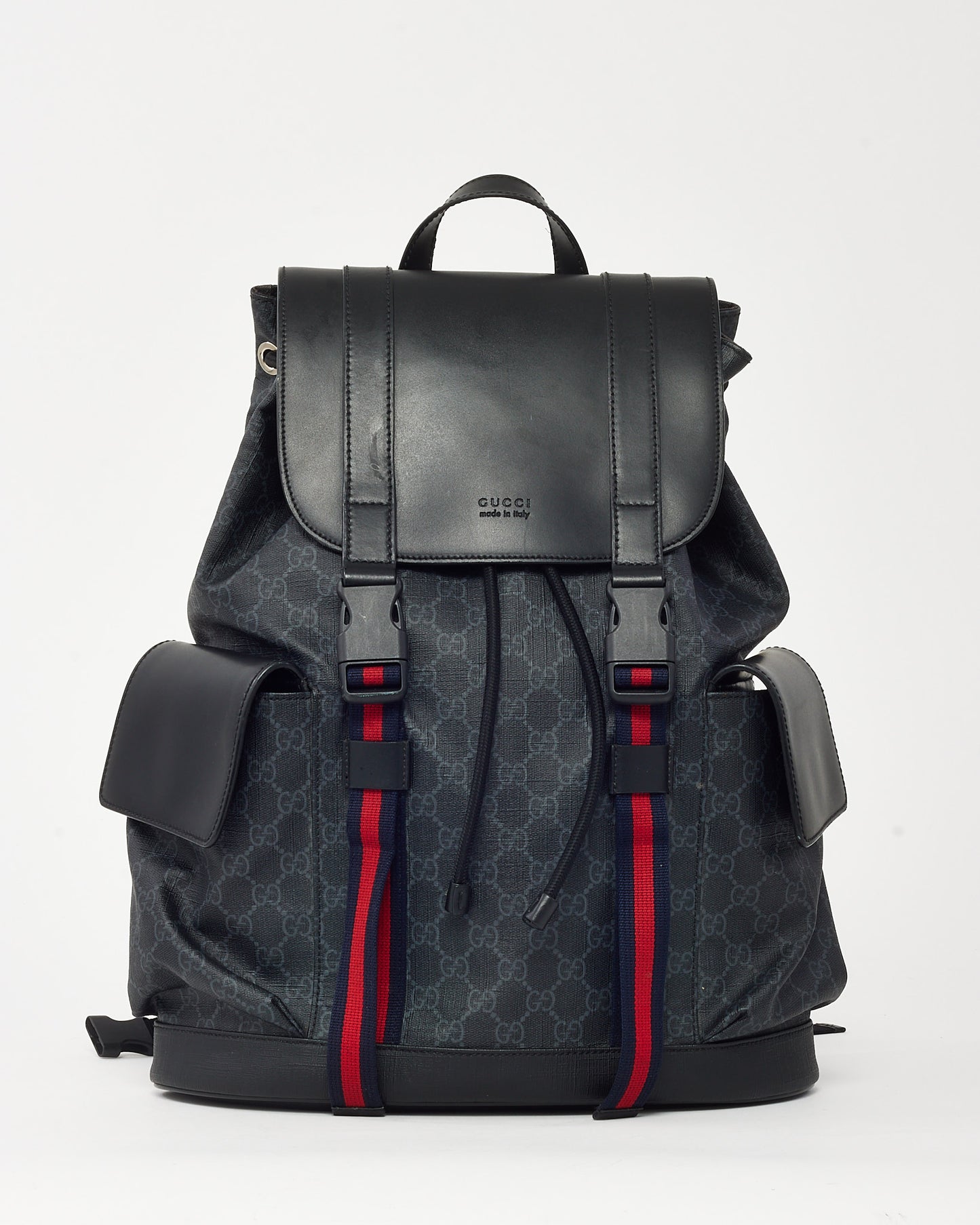 Sac à dos Gucci en cuir de veau souple noir et toile monogrammée GG Supreme Web à double boucle