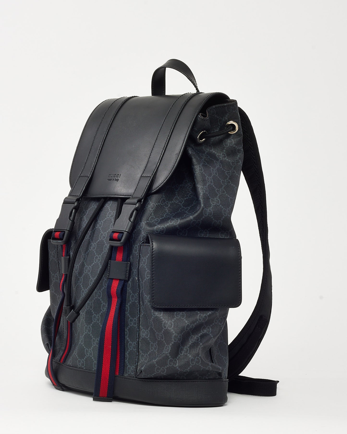 Sac à dos Gucci en cuir de veau souple noir et toile monogrammée GG Supreme Web à double boucle