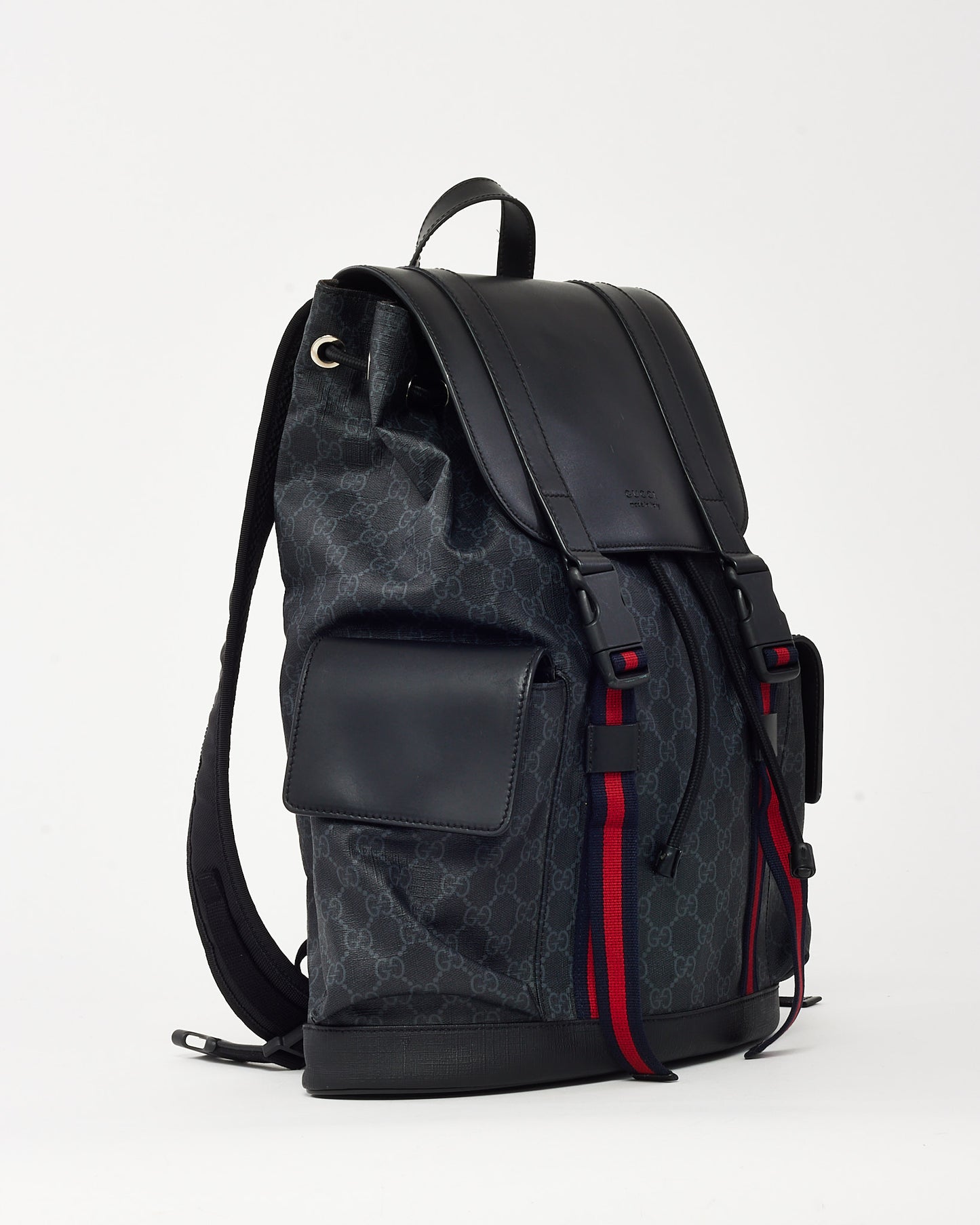 Sac à dos Gucci en cuir de veau souple noir et toile monogrammée GG Supreme Web à double boucle