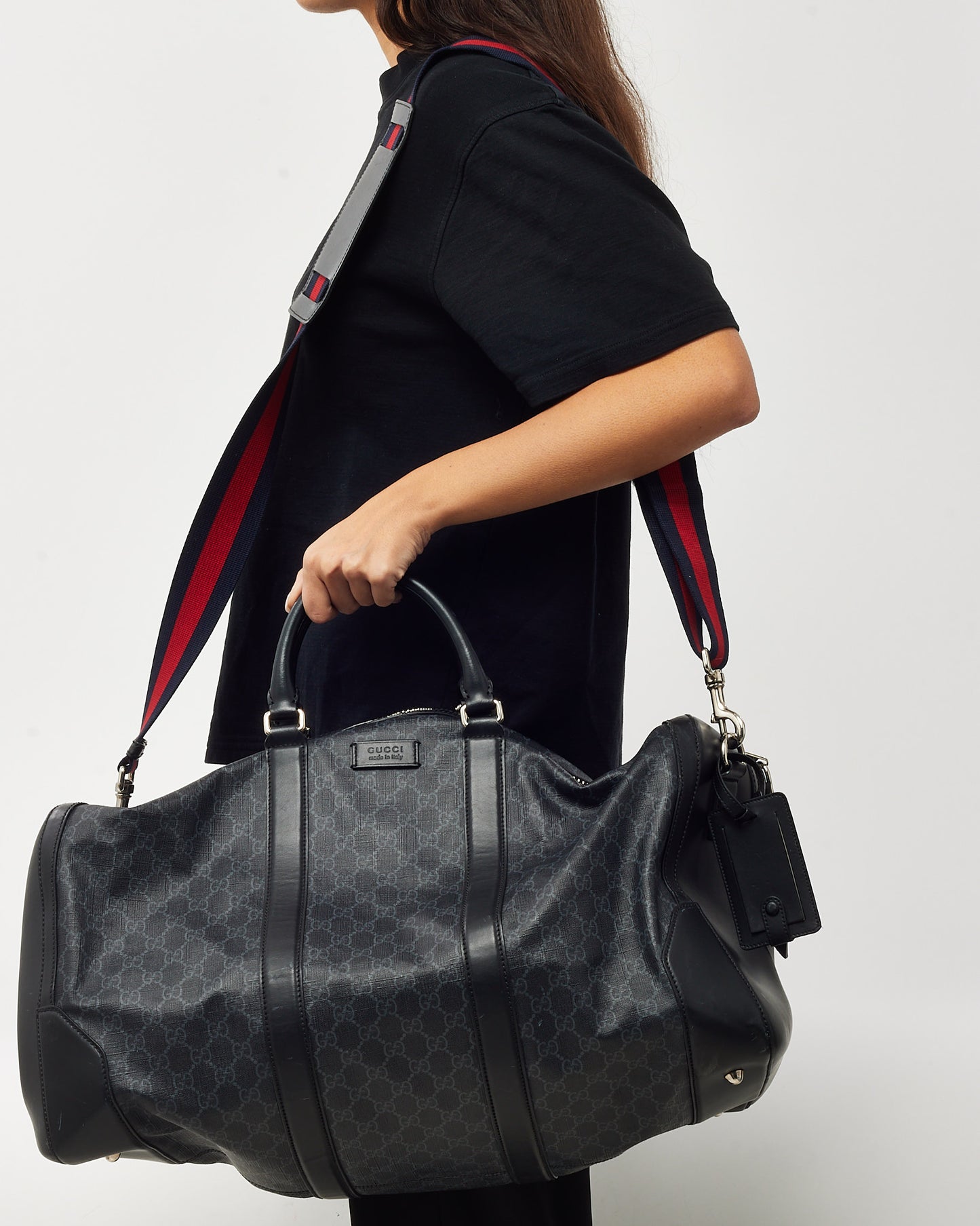Sac à dos Gucci en cuir de veau souple noir et toile monogrammée GG Supreme Web à double boucle