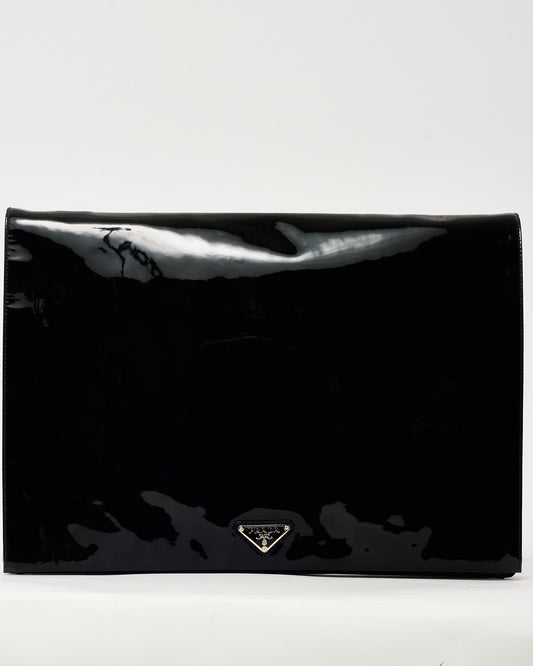 Prada Black Shiny Vinyl Vernice Specchi Triangle Logo Oversized Clutch
