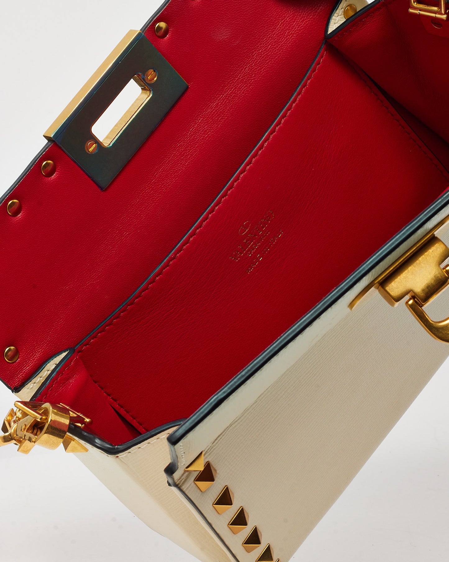 Valentino White Leather GHW Rockstud Alcove Box Clutch Bag with Strap