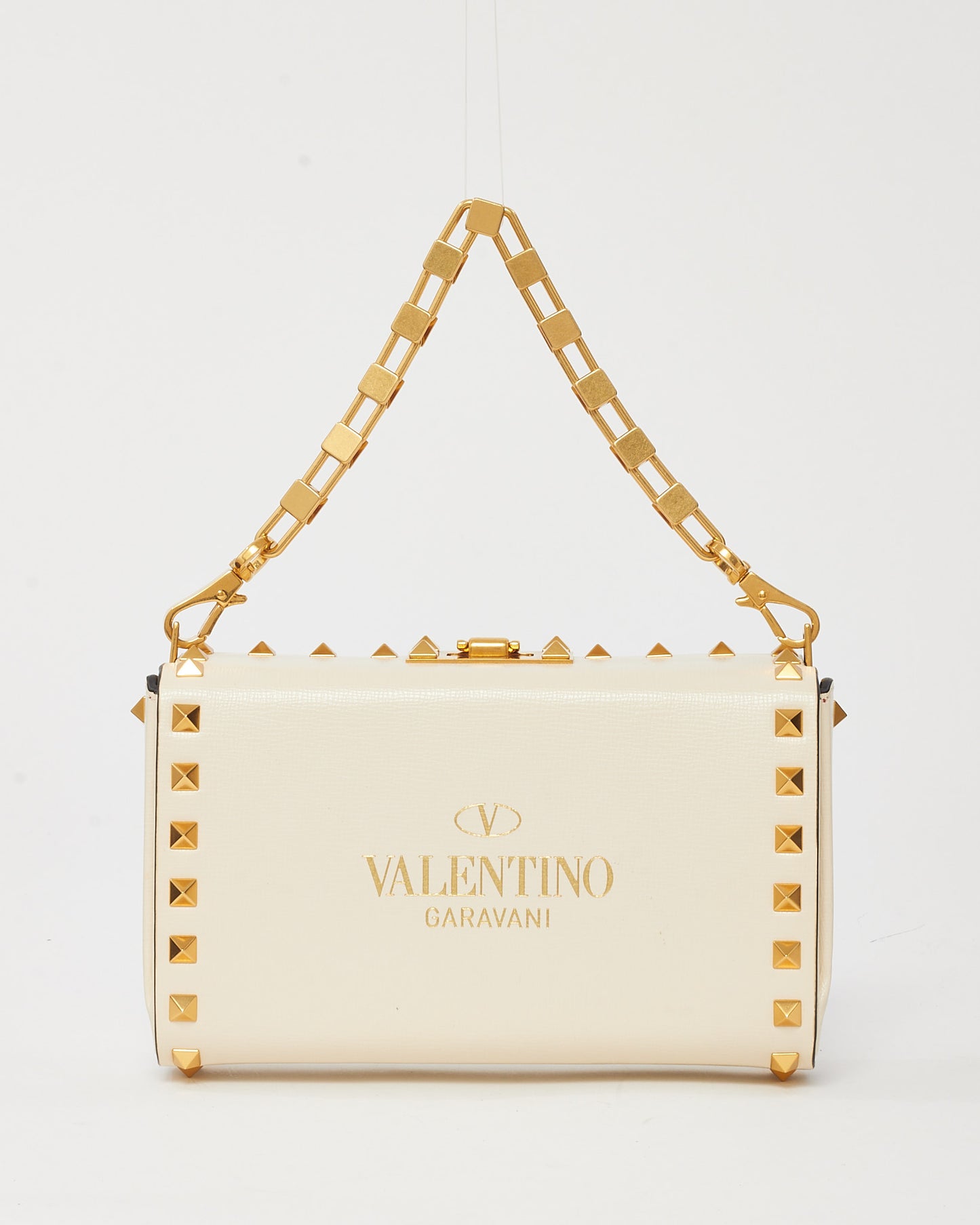 Valentino White Leather GHW Rockstud Alcove Box Clutch Bag with Strap