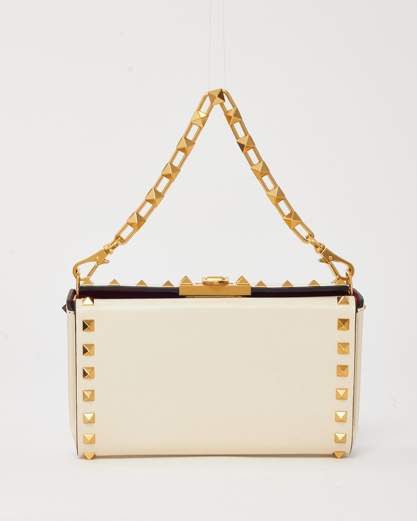 Valentino White Leather GHW Rockstud Alcove Box Clutch Bag with Strap