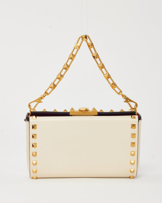Valentino White Leather GHW Rockstud Alcove Box Clutch Bag with Strap