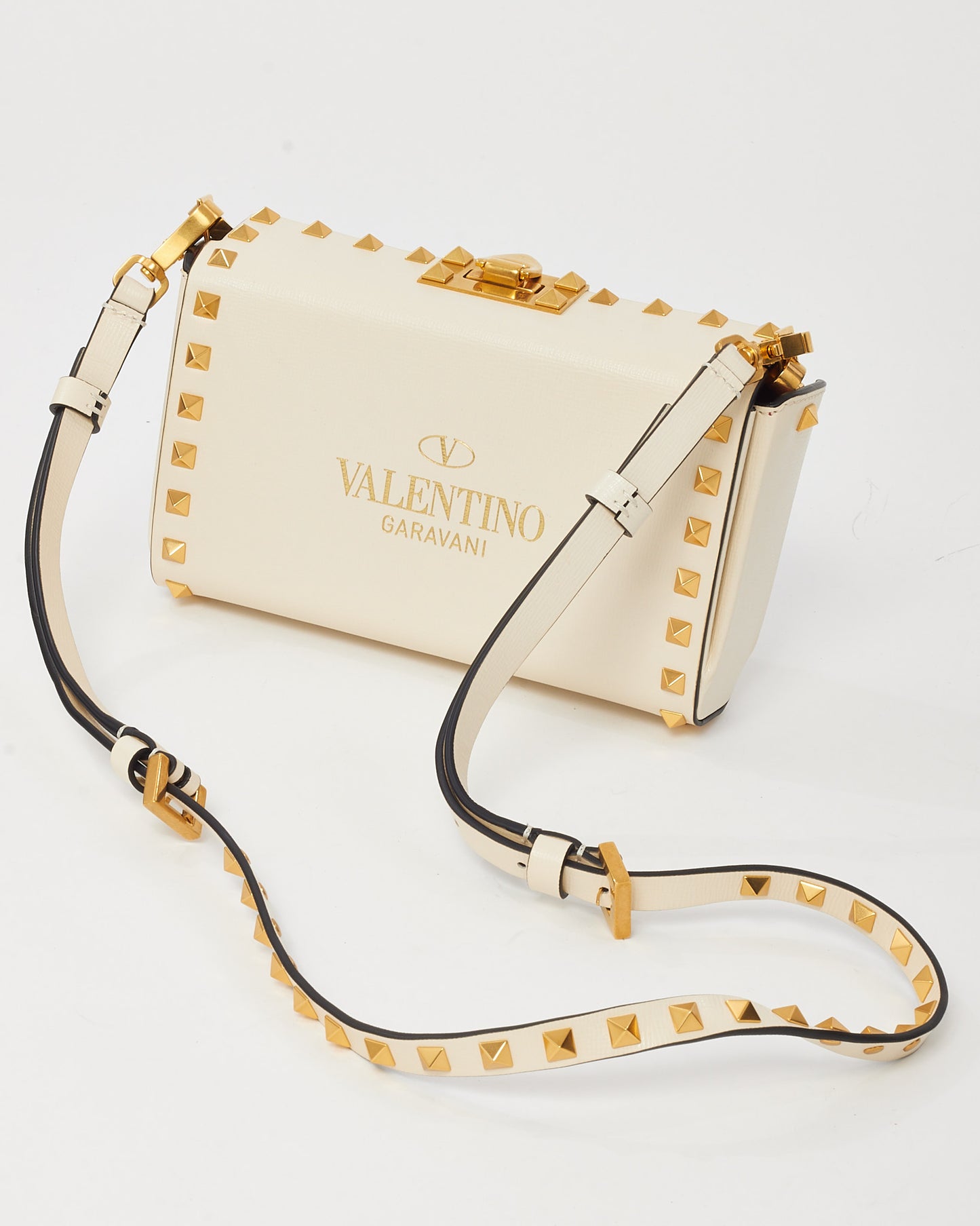 Valentino White Leather GHW Rockstud Alcove Box Clutch Bag with Strap
