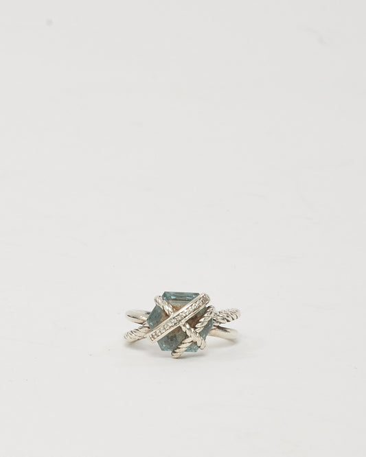 David Yurman Sterling Silver with Blue Topaz and Diamonds 11mm Ring - 5