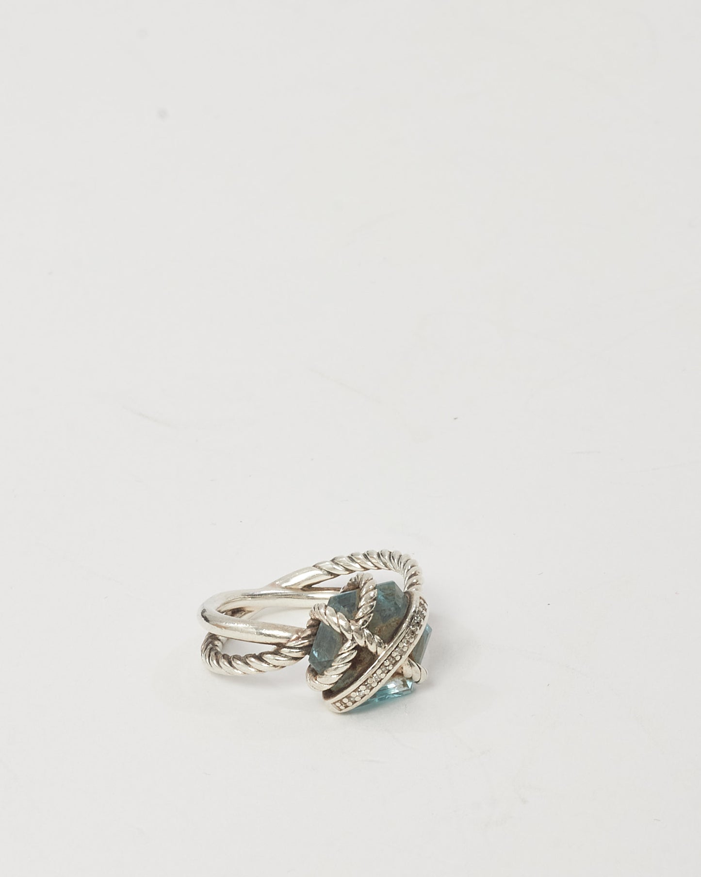 David Yurman Sterling Silver with Blue Topaz and Diamonds 11mm Ring - 5
