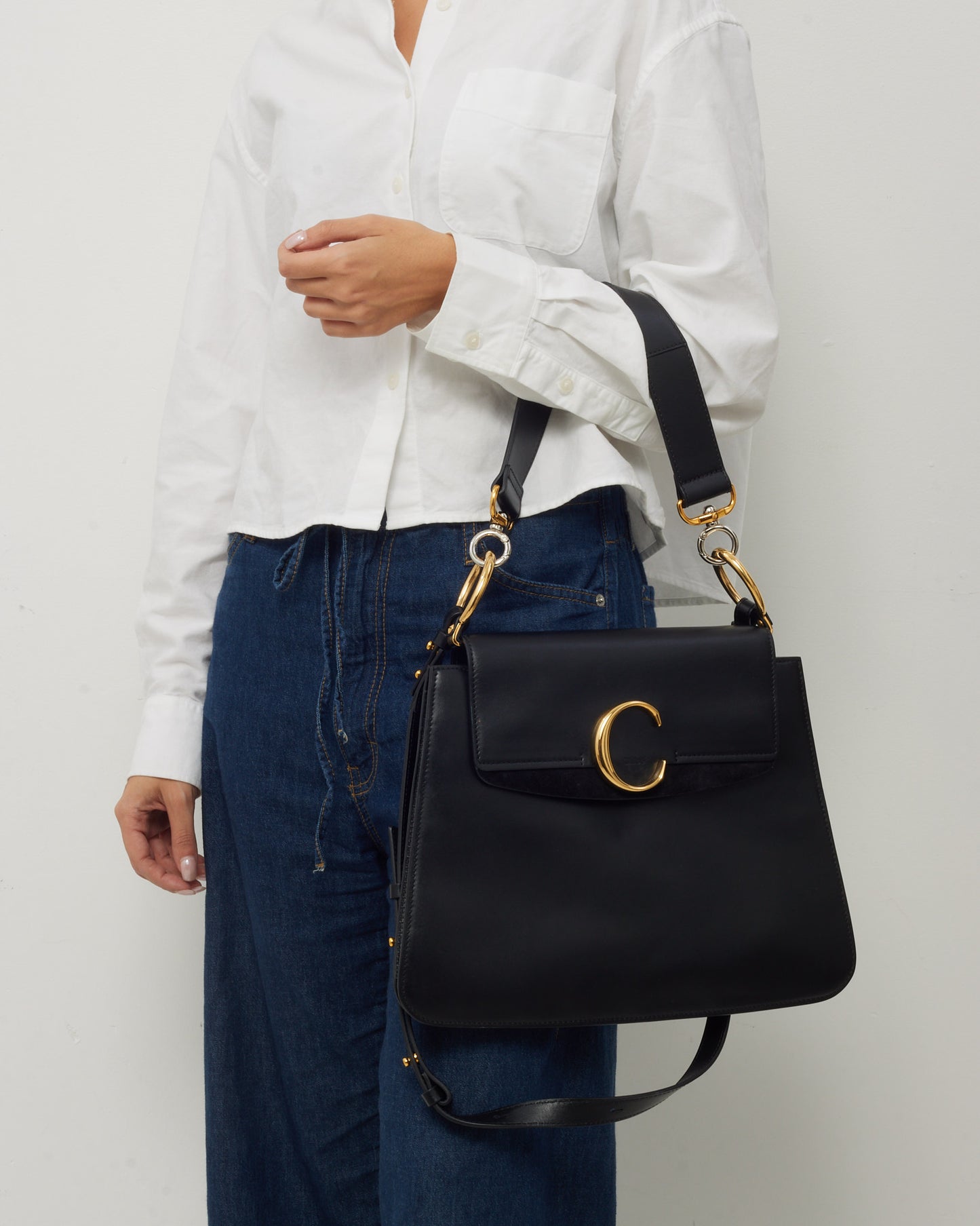 Chloé Black Leather and Suede Medium C Shoulder Bag