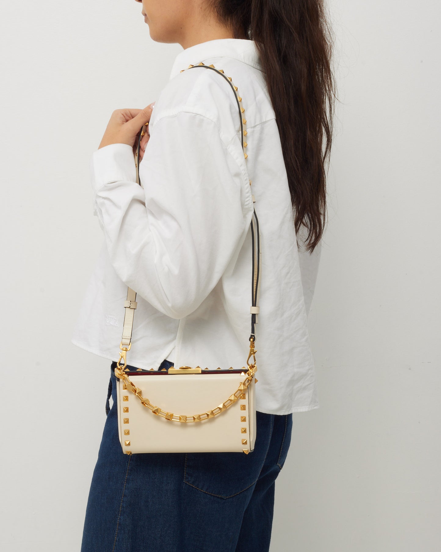 Valentino White Leather GHW Rockstud Alcove Box Clutch Bag with Strap