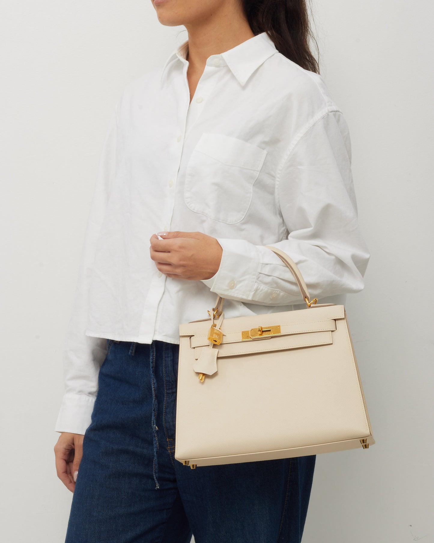 Hermès White Craie Epsom Leather Kelly II Sellier 28 GHW