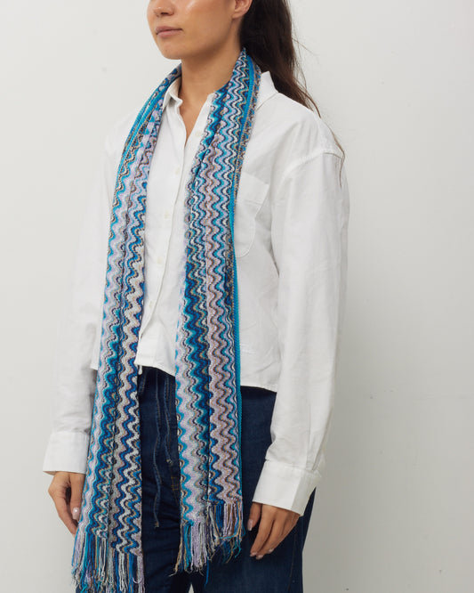 Missoni Blue/Purple/Brown/Silver Sparkle Multi Viscose and Poly Knit Zigzag Fringe Scarf