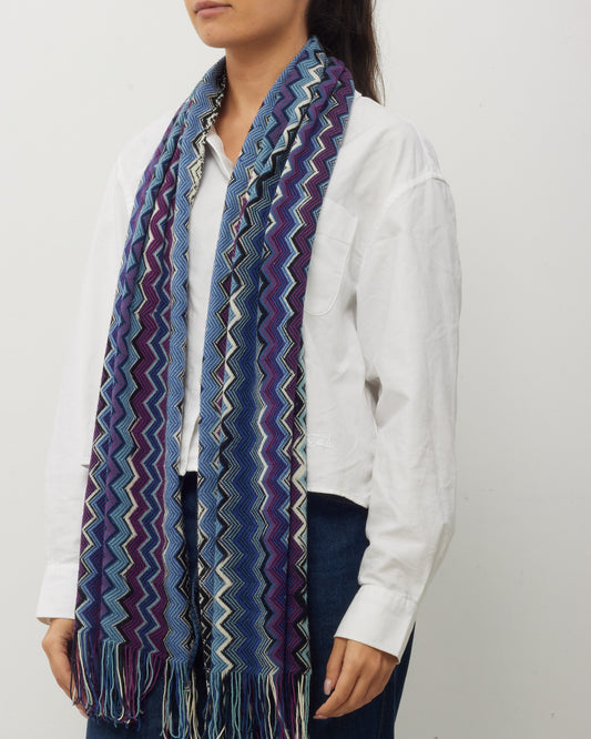 Missoni Blue/Purple/Black/White Multi Wool Knit Zigzag Fringe Scarf