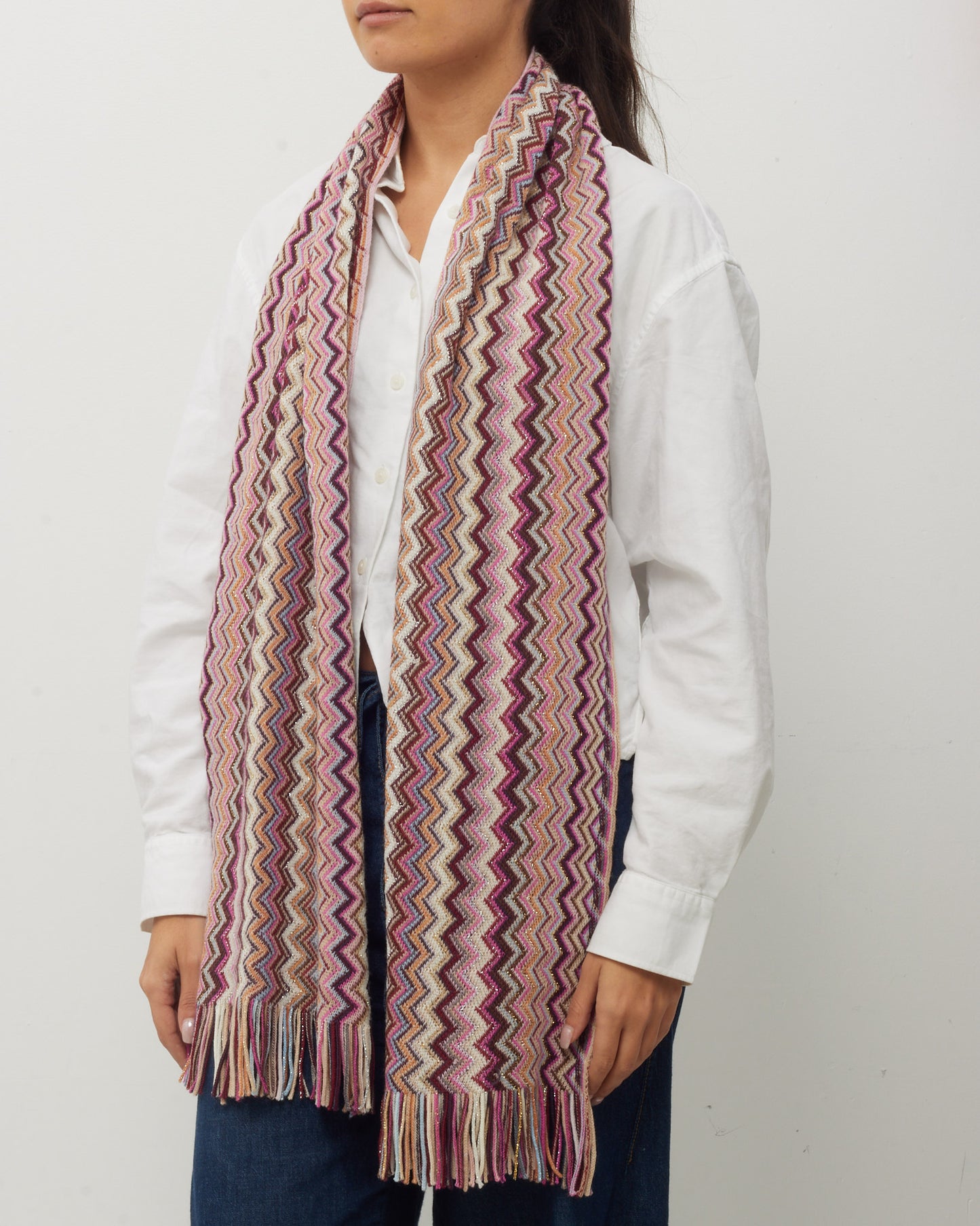 Missoni Pink/Orange/Blue/White Multi Sparkle Wool Knit Zigzag Fringe Scarf