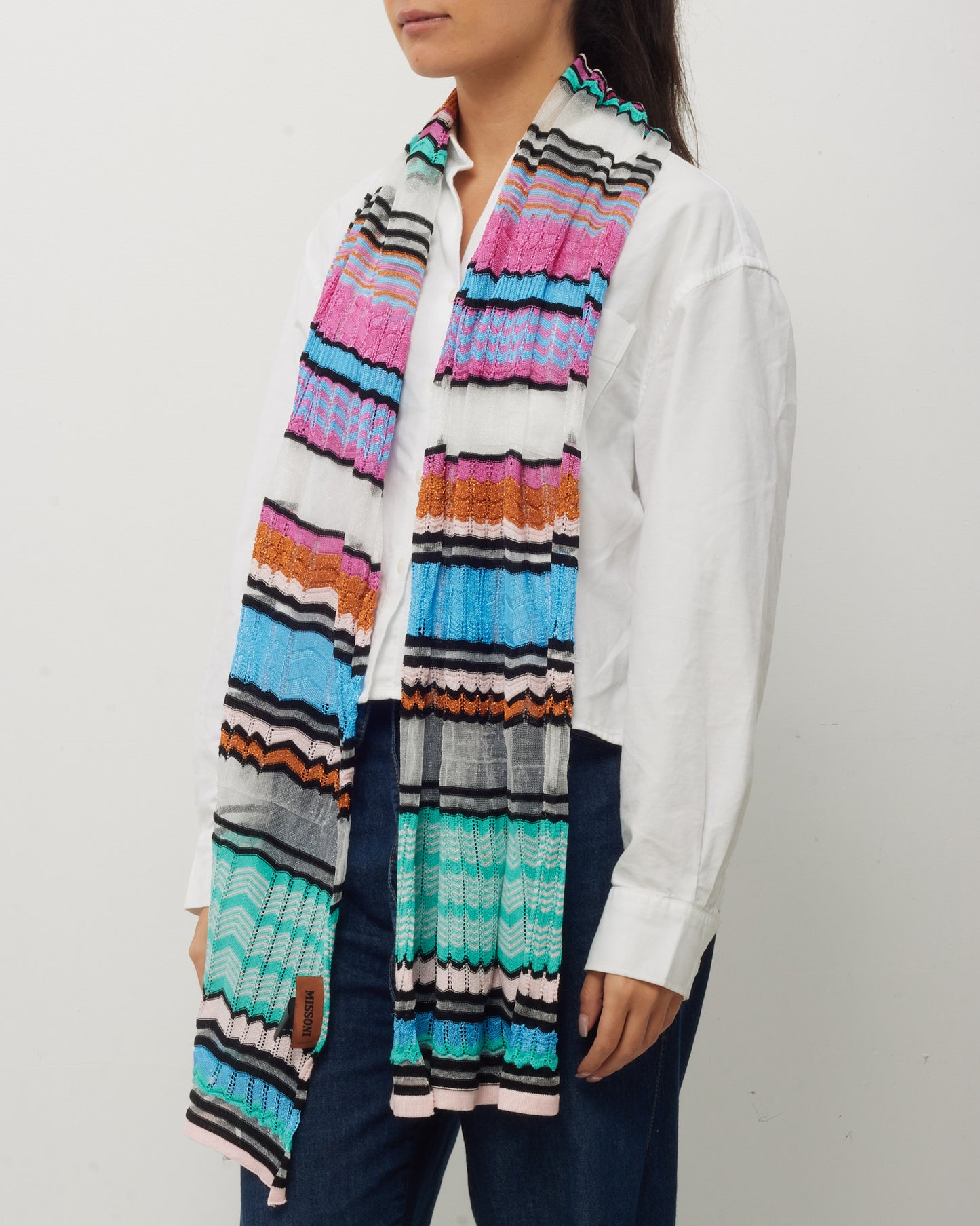 Missoni Turquoise/Orange/Pink/Black/White Multi Cotton/Viscose Knit Zigzag Scarf