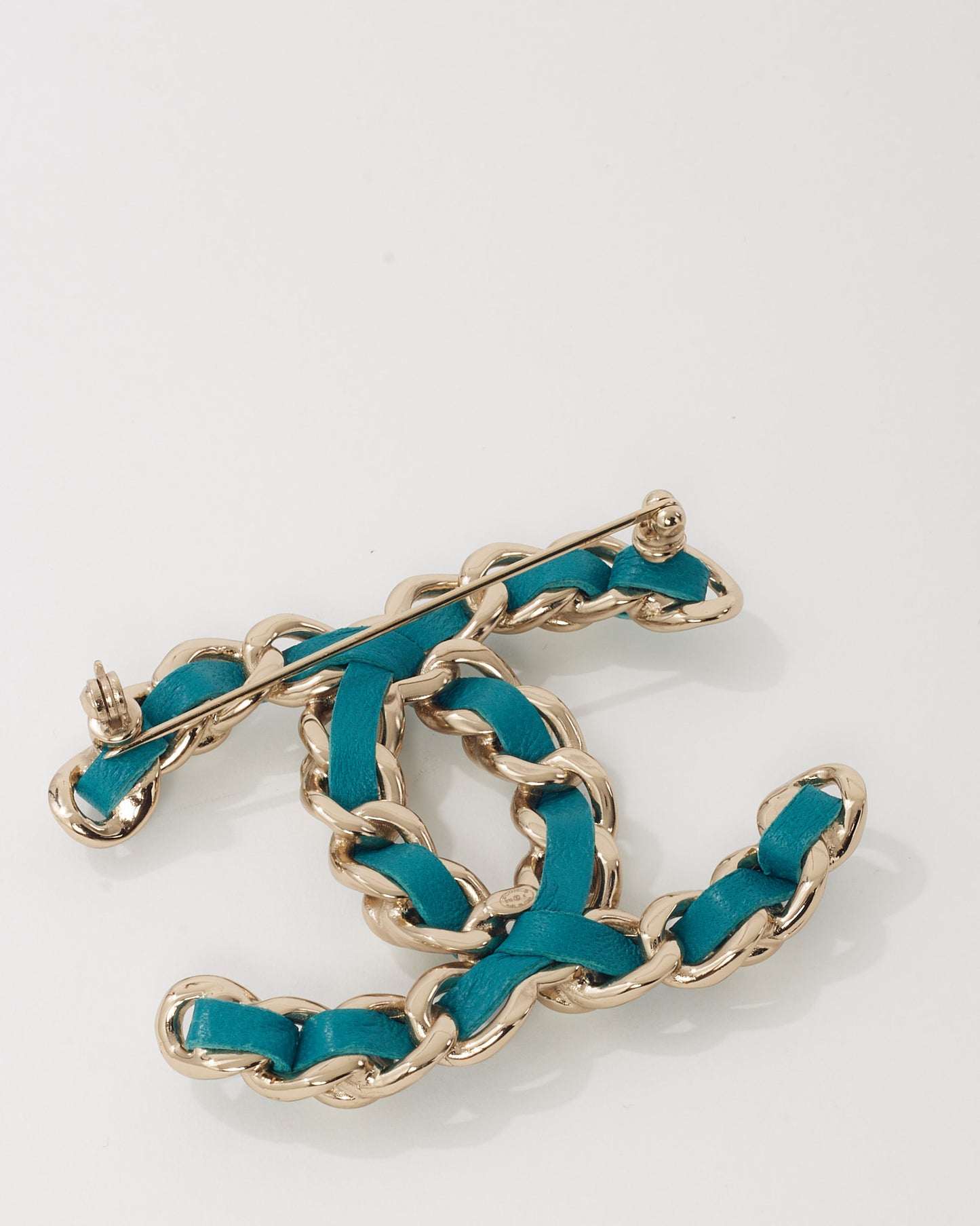 Chanel Silver Metal and Turquoise Blue Leather and Pearl Interwoven CC Logo Brooch