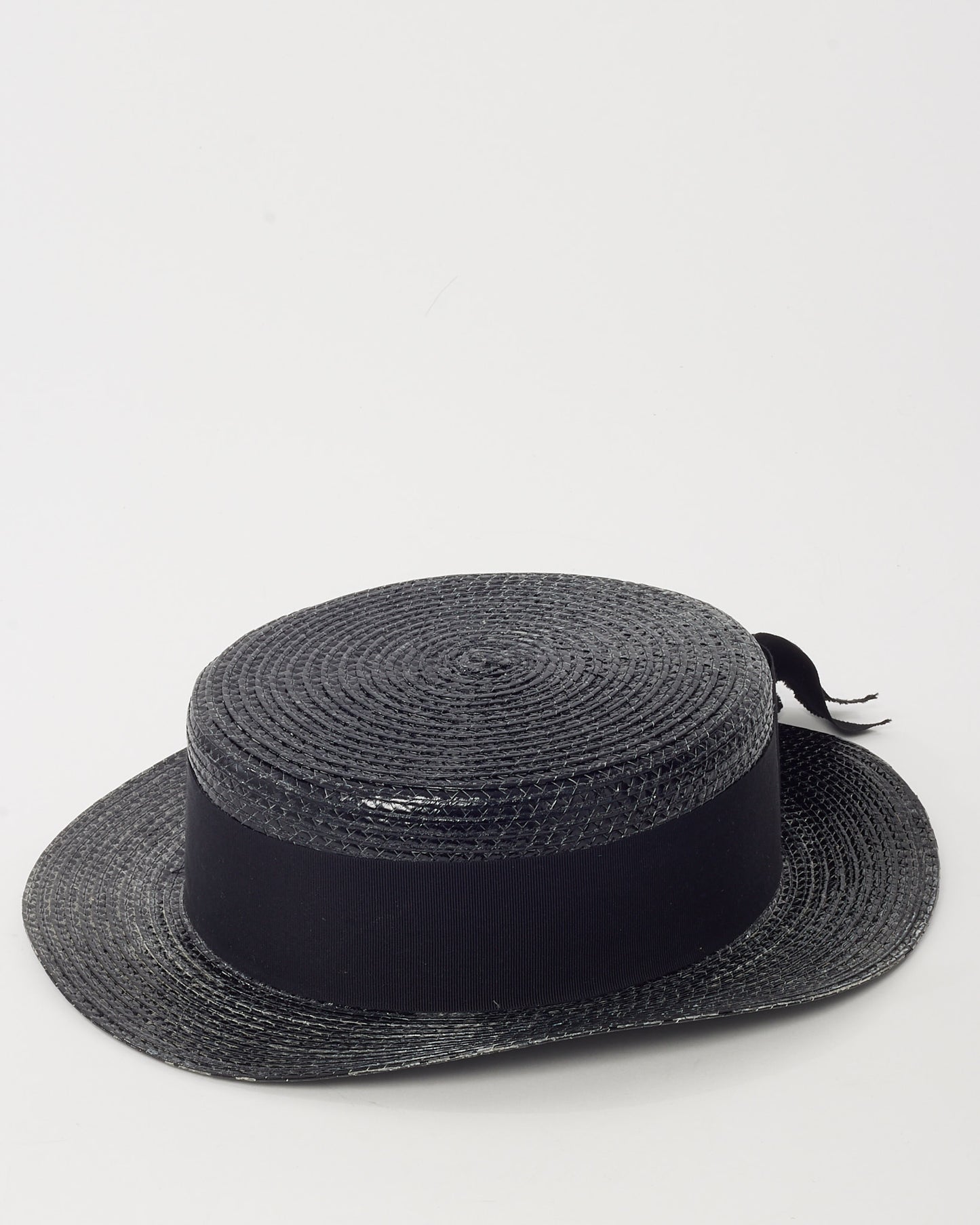 Saint Laurent Black Woven Raffia Straw Wide Brim Ribbon Hat - S
