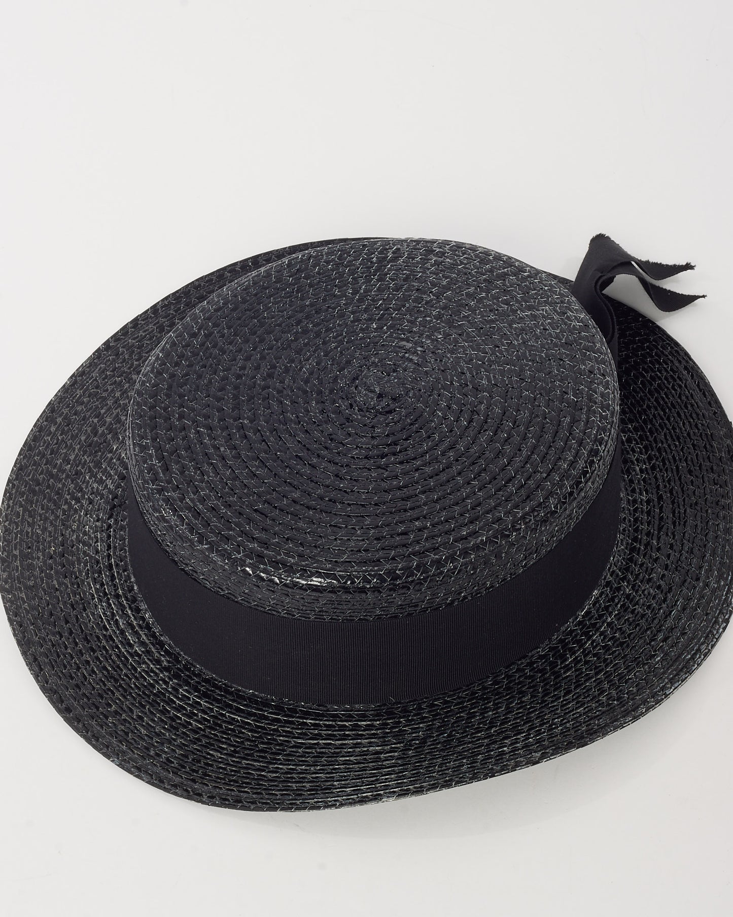 Saint Laurent Black Woven Raffia Straw Wide Brim Ribbon Hat - S