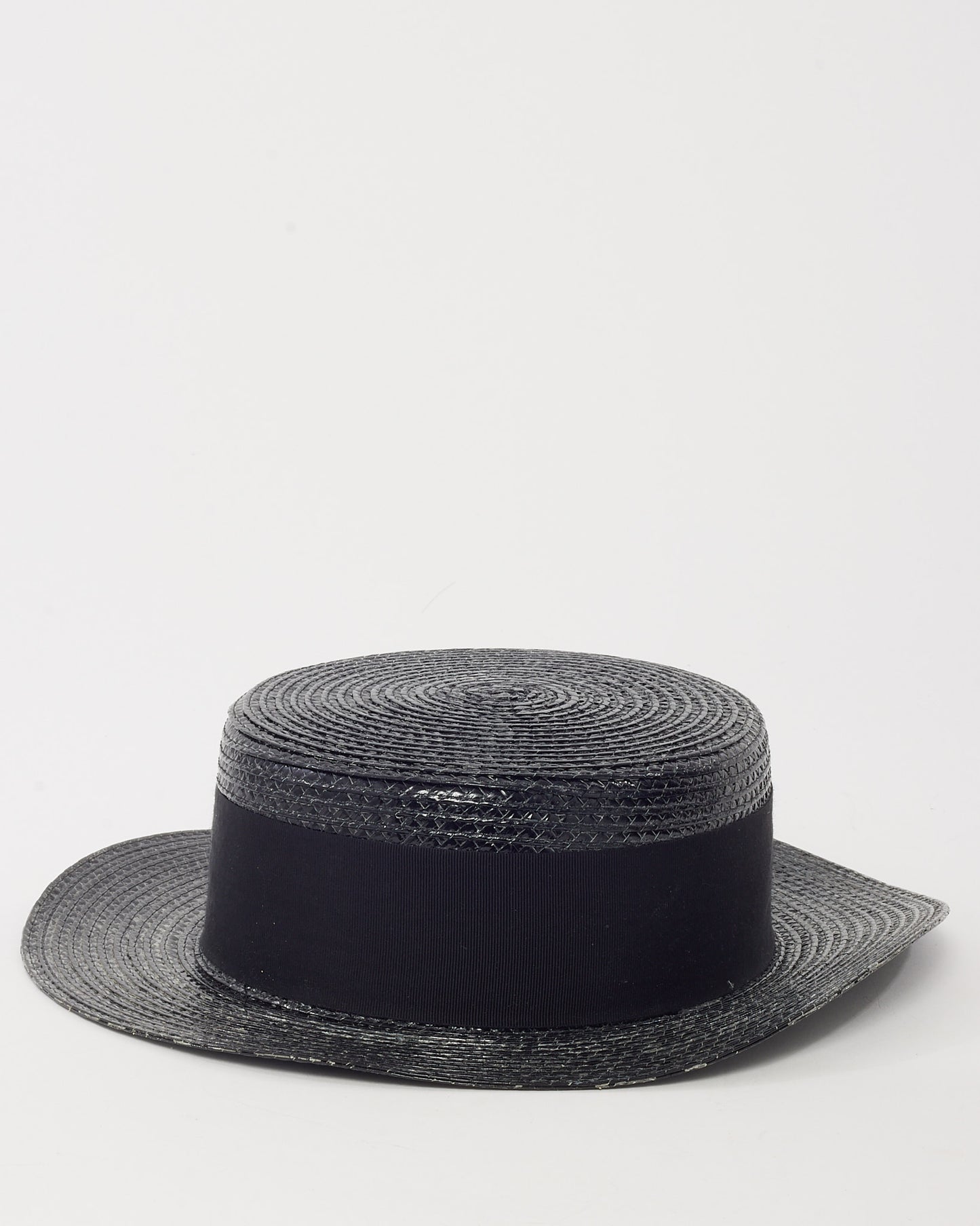 Saint Laurent Black Woven Raffia Straw Wide Brim Ribbon Hat - S