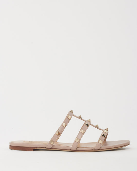 Valentino Pink Poudre Rubber PVC Rockstud Gladiator Flat Thong Sandals - 38