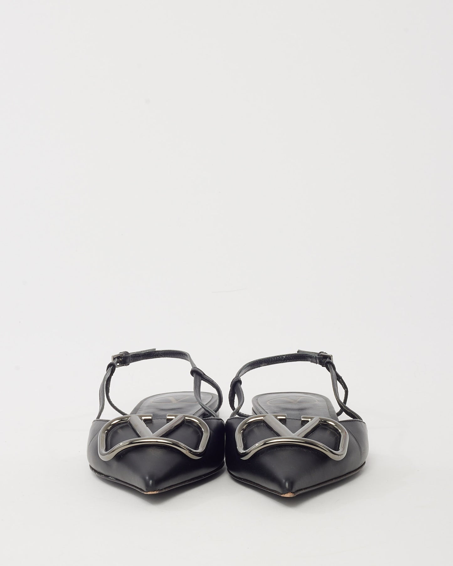 Valentino Black Leather SHW VLogo Pointed Toe Slingback Flats - 37