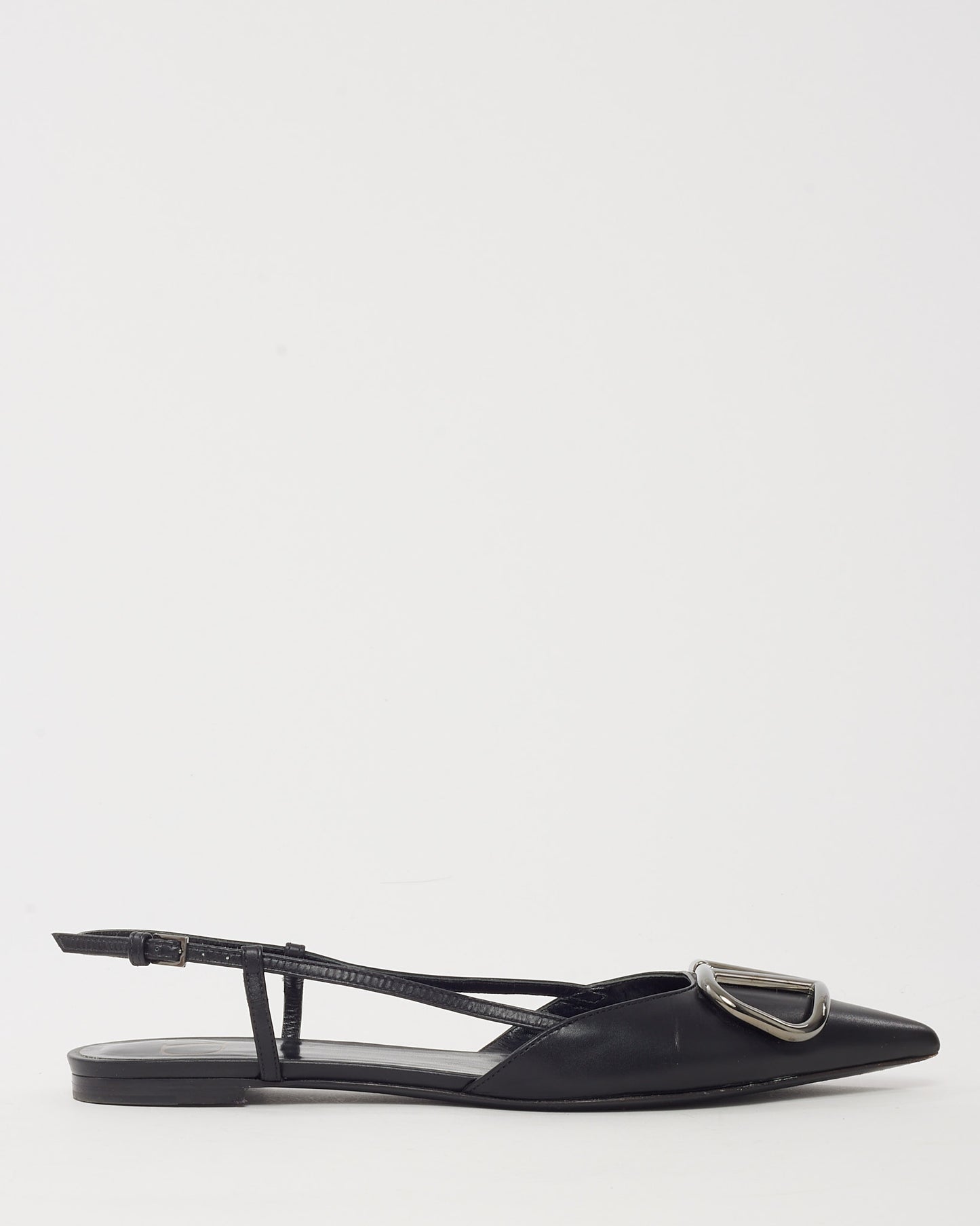 Valentino Black Leather SHW VLogo Pointed Toe Slingback Flats - 37