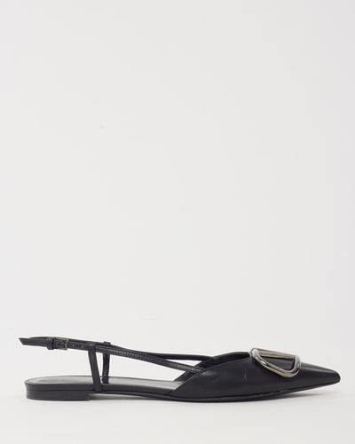 Valentino Black Leather SHW VLogo Pointed Toe Slingback Flats - 37