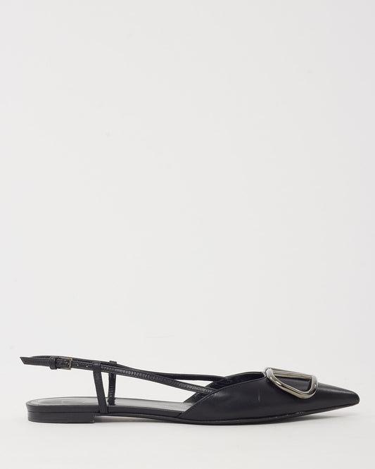 Valentino Black Leather SHW VLogo Pointed Toe Slingback Flats - 37