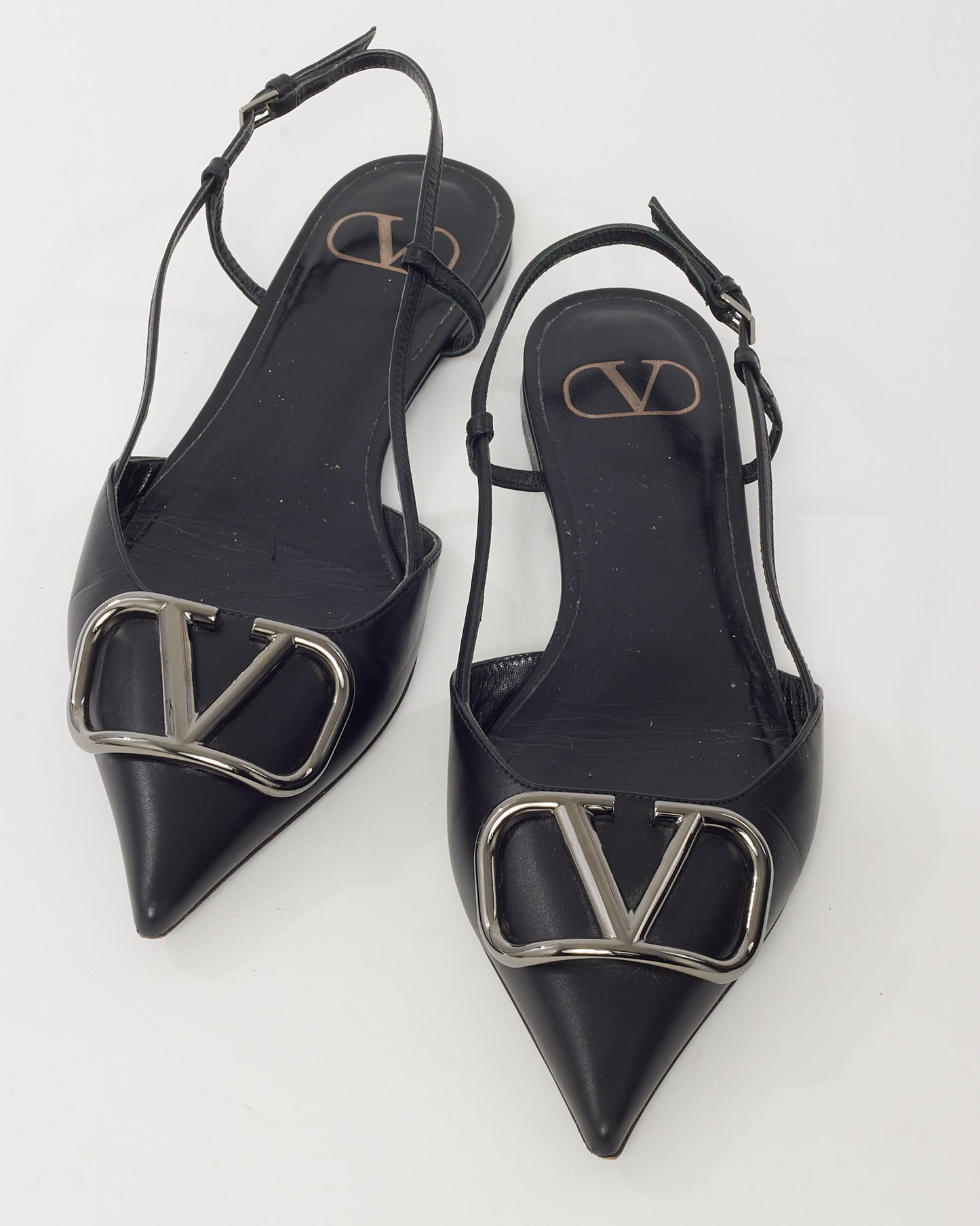Valentino Black Leather SHW VLogo Pointed Toe Slingback Flats - 37