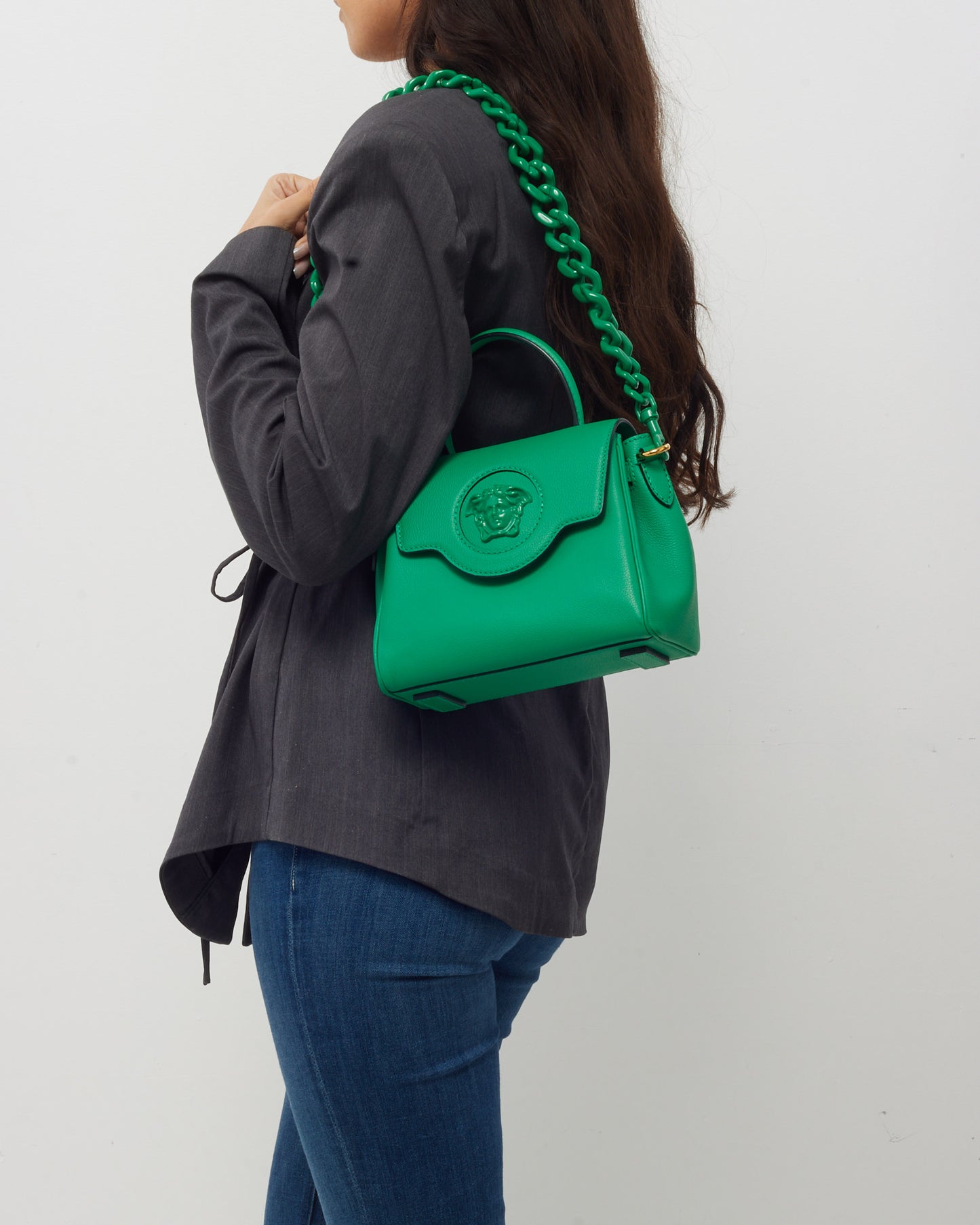 Versace Green Leather Small La Medusa Tonal Top Handle Bag with Strap