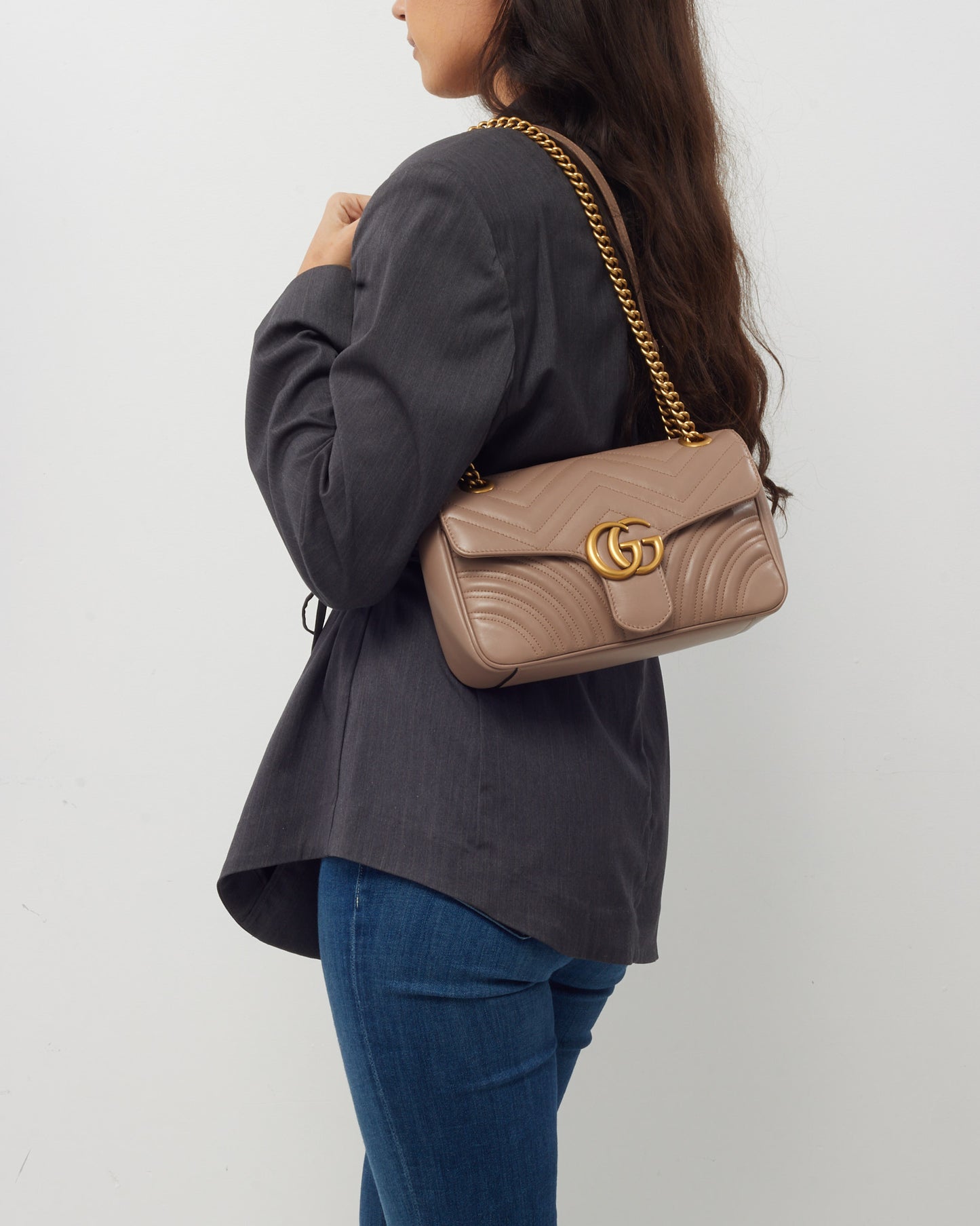 Gucci Dusty Rose Matelassé Leather Medium GG Marmont Shoulder Bag