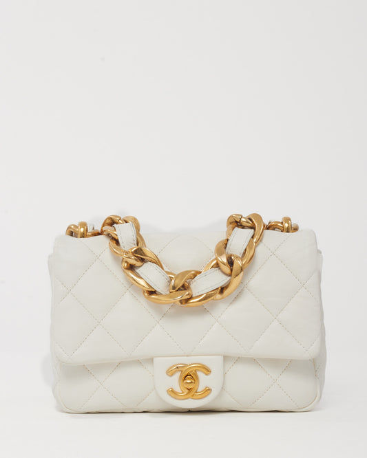 Chanel White Quilted Lambskin Leather CC Funky Town Small Flap Bag GHW
