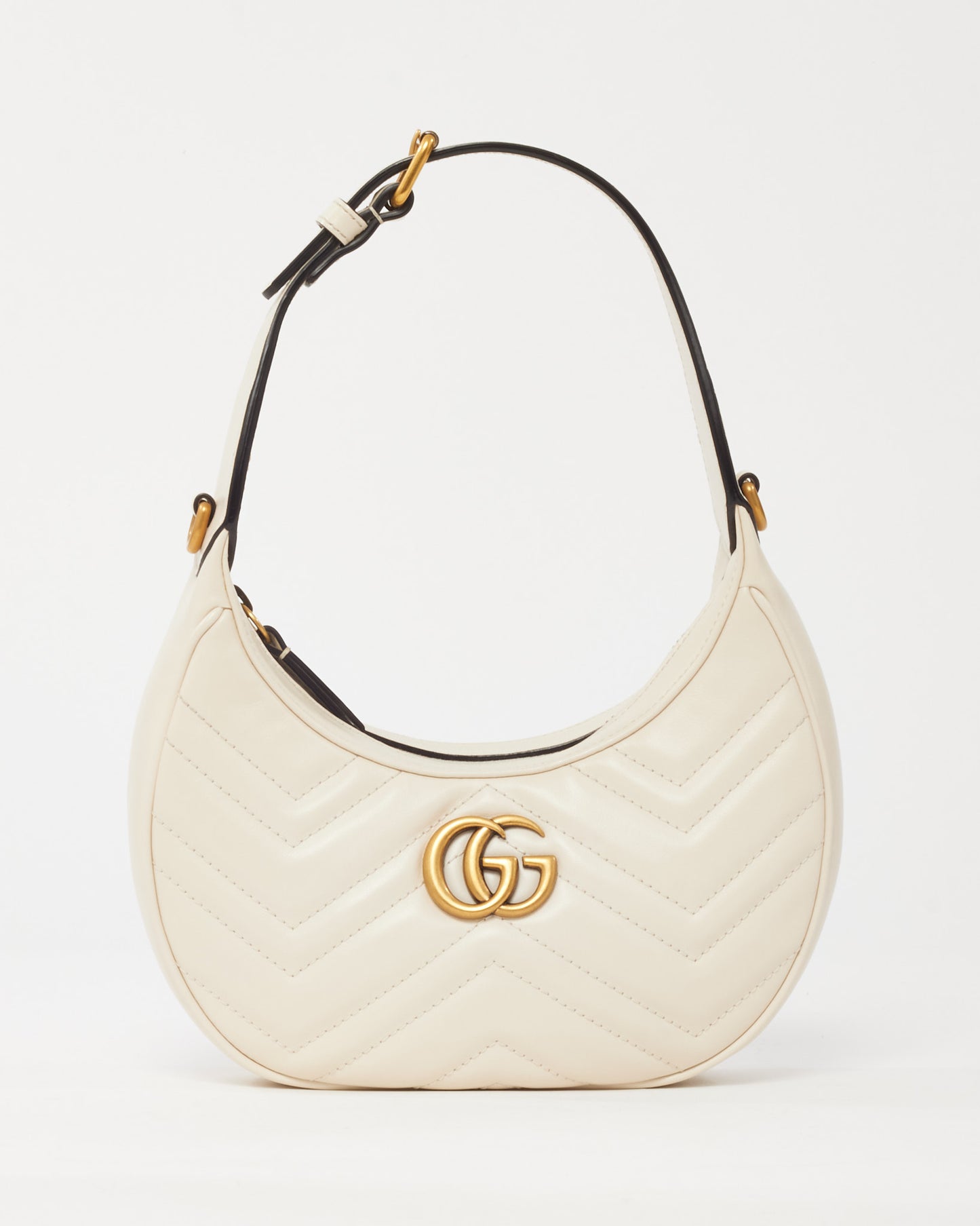 Gucci White Matelassé Leather GG Marmont Half-Moon Small Shoulder Bag with Chain Strap