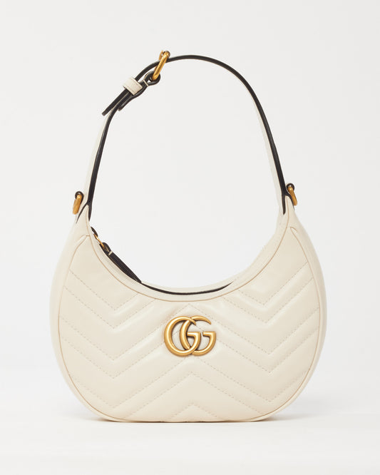 Gucci White Matelassé Leather GG Marmont Half-Moon Small Shoulder Bag with Chain Strap