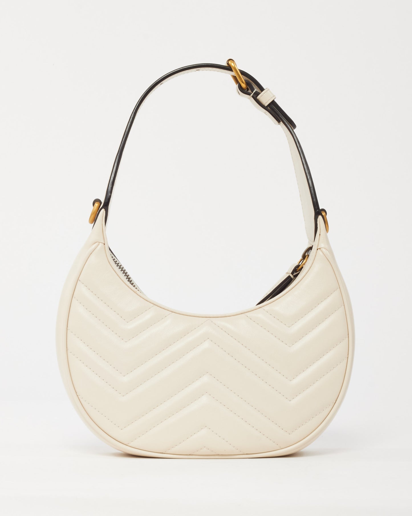 Gucci White Matelassé Leather GG Marmont Half-Moon Small Shoulder Bag with Chain Strap
