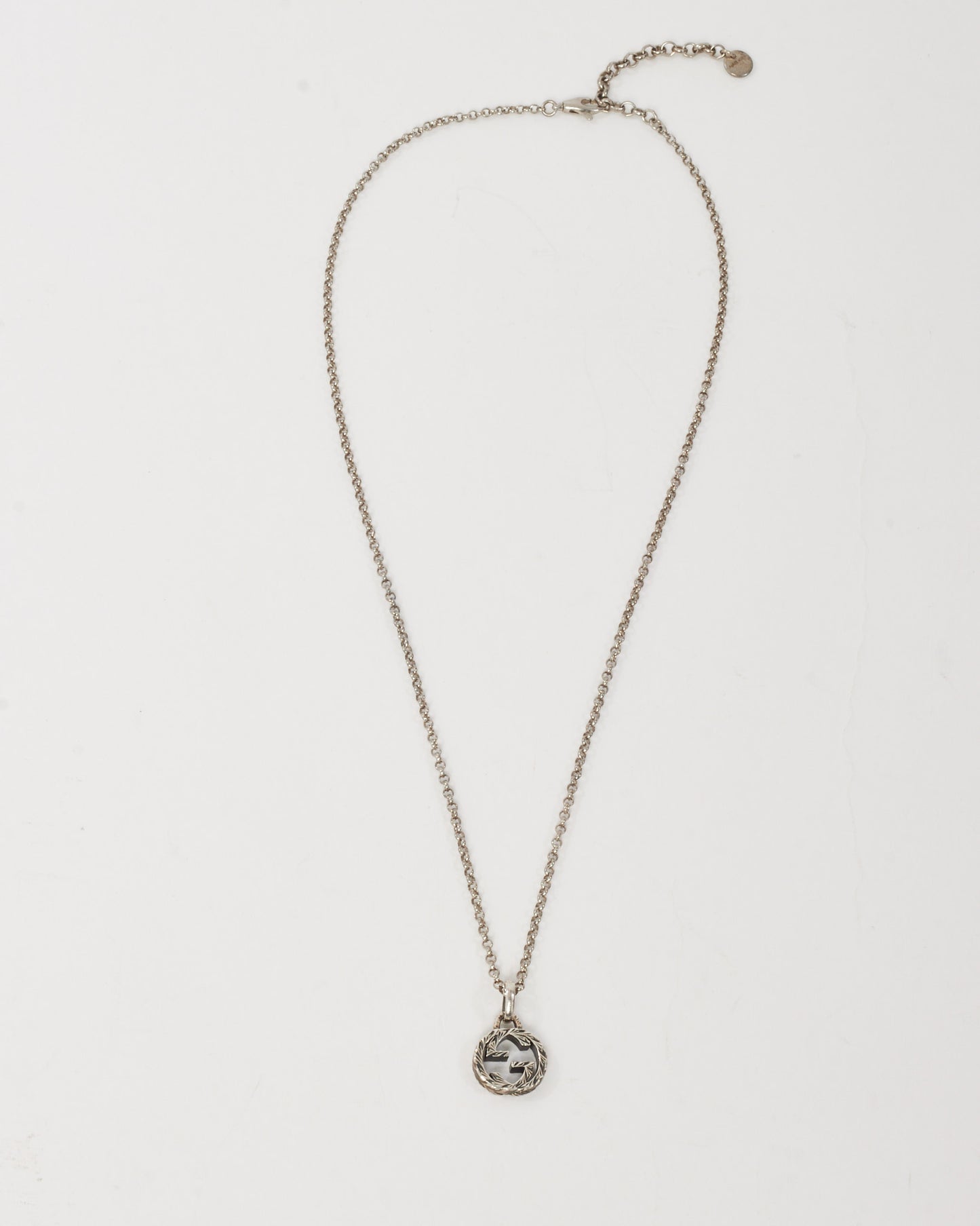 Gucci Sterling Silver Textured Chain Interlocking GG Pendant Necklace
