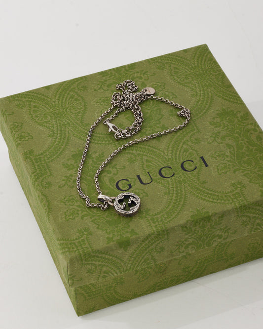 Gucci Sterling Silver Textured Chain Interlocking GG Pendant Necklace