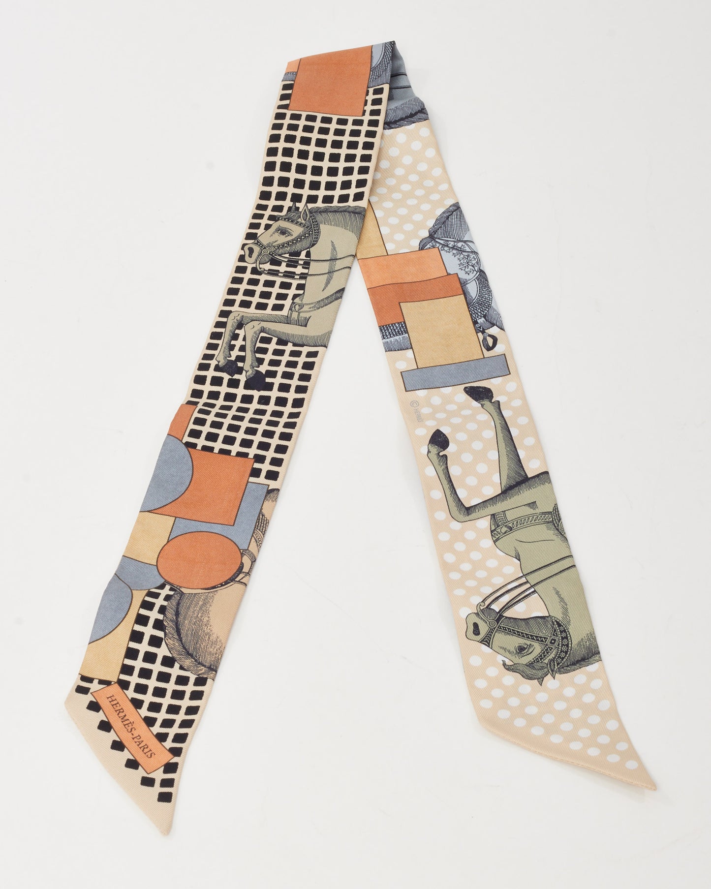 Hermès Beige/Terraco/Grey Multi "Cavalier En Formes" Silk Twilly Scarf