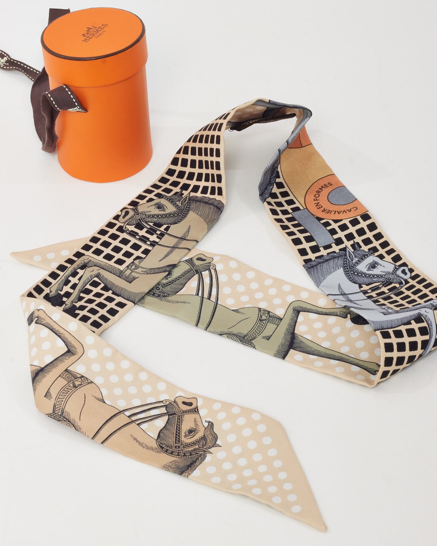 Hermès Beige/Terraco/Grey Multi "Cavalier En Formes" Silk Twilly Scarf