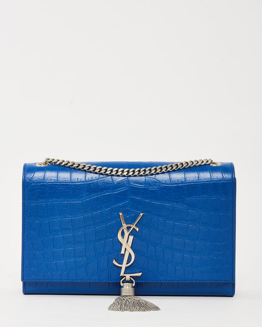 Saint Laurent Blue Croc Embossed SHW YSL Medium Kate Tassel Crossbody Bag