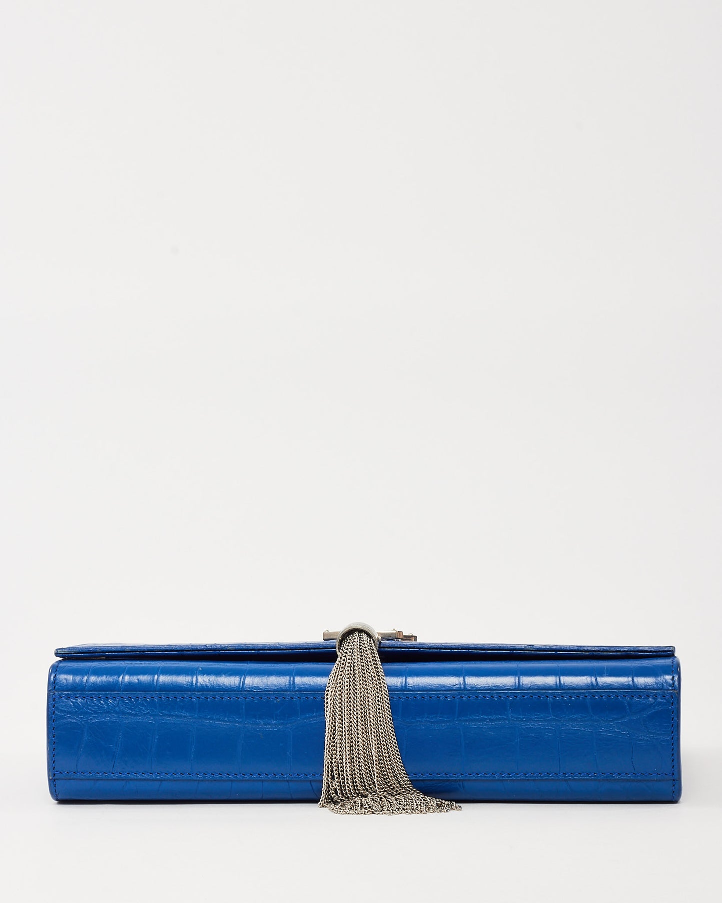 Saint Laurent Blue Croc Embossed SHW YSL Medium Kate Tassel Crossbody Bag