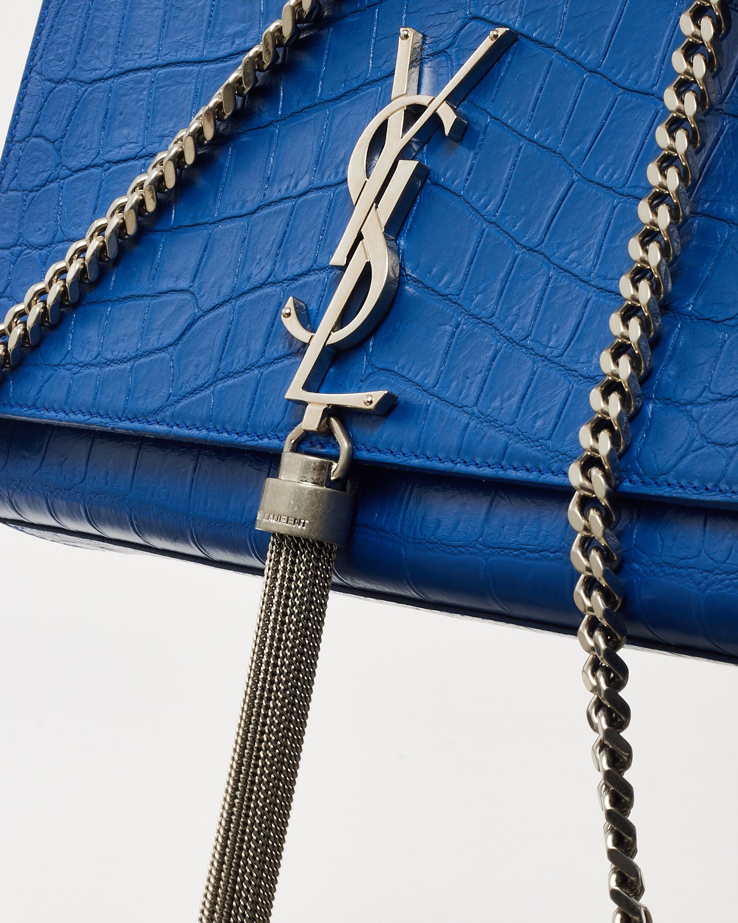 Saint Laurent Blue Croc Embossed SHW YSL Medium Kate Tassel Crossbody Bag