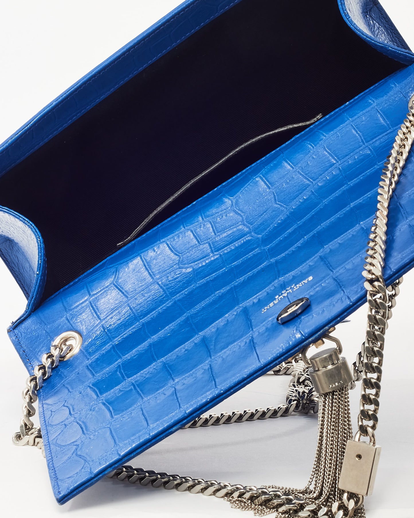 Saint Laurent Blue Croc Embossed SHW YSL Medium Kate Tassel Crossbody Bag
