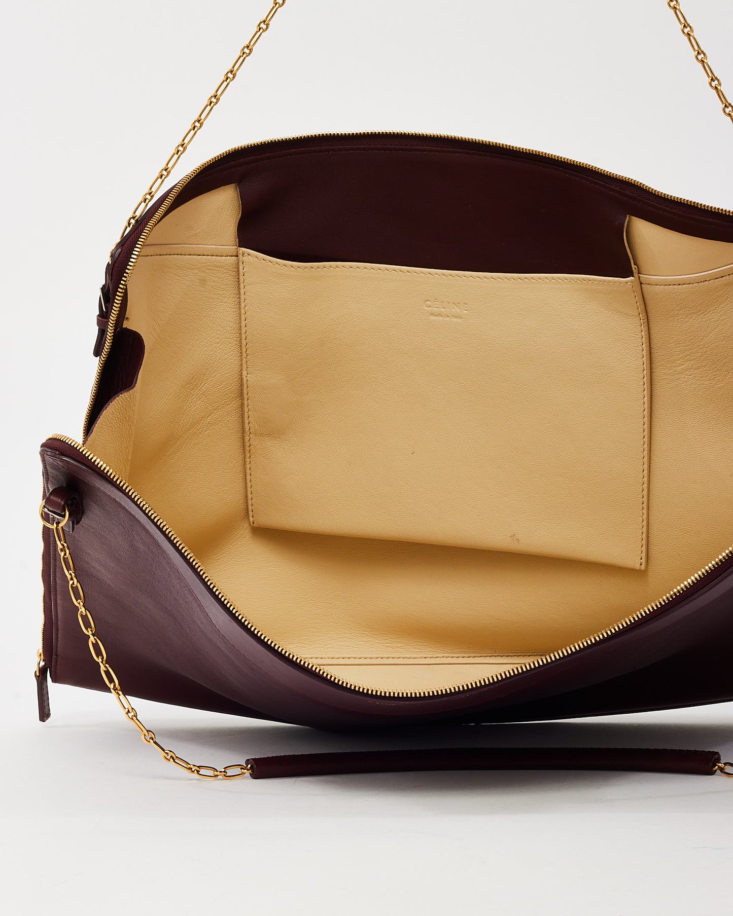 Celine Maroon Calfskin Leather Large Flat Zip Around Chain Shoulder Bag