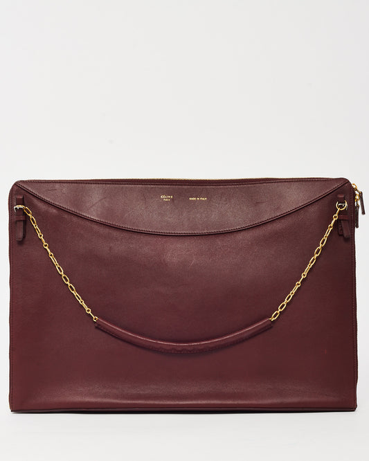 Celine Maroon Calfskin Leather Large Flat Zip Around Chain Shoulder Bag